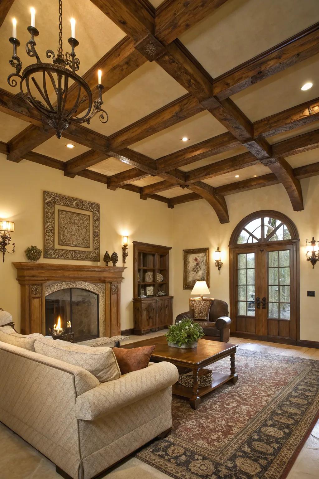 Architectural elements impart profundity and texture to high ceilings.