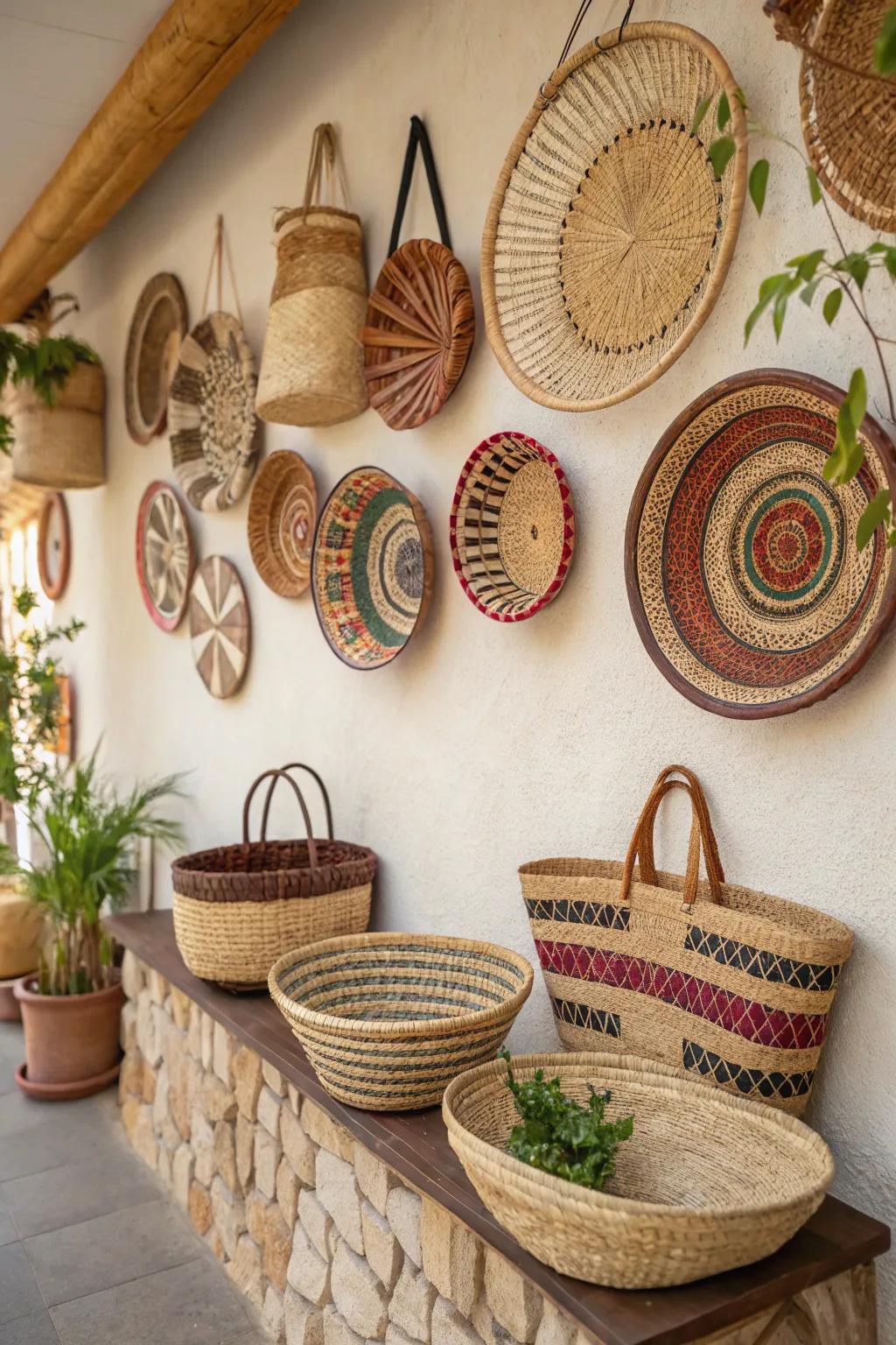 Baskets used as art bring texture and interest to walls.