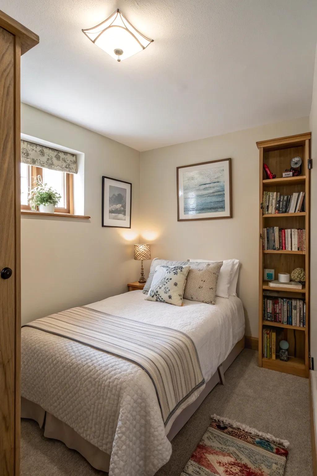 Light colors creating a spacious feel in a small bedroom.