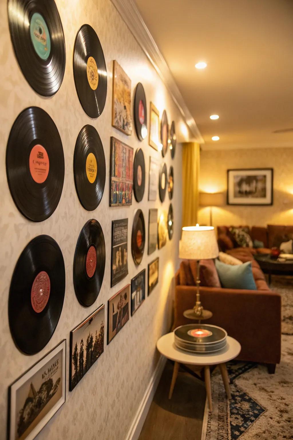 Vinyl records used creatively as decorative elements.