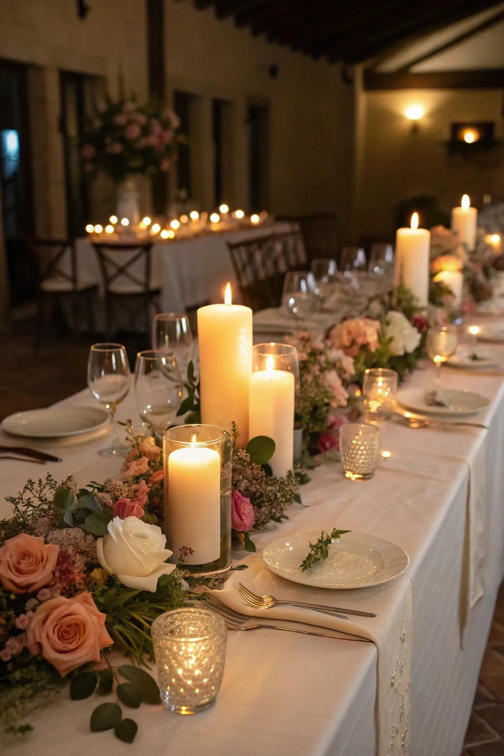 Warm candlelight lining a reception dinner table.