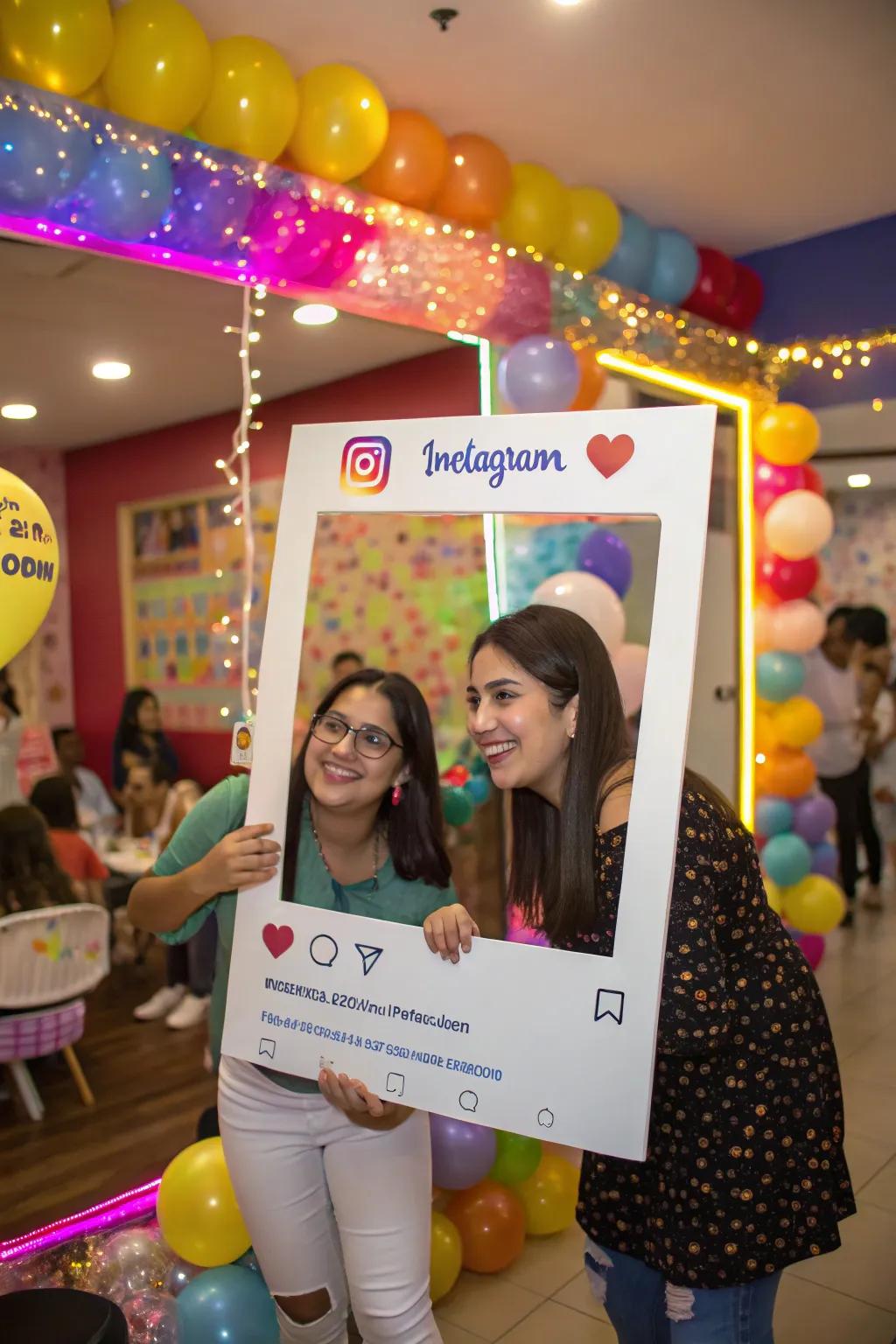 Guests reveling in jovial moments utilizing social media frame cutouts.