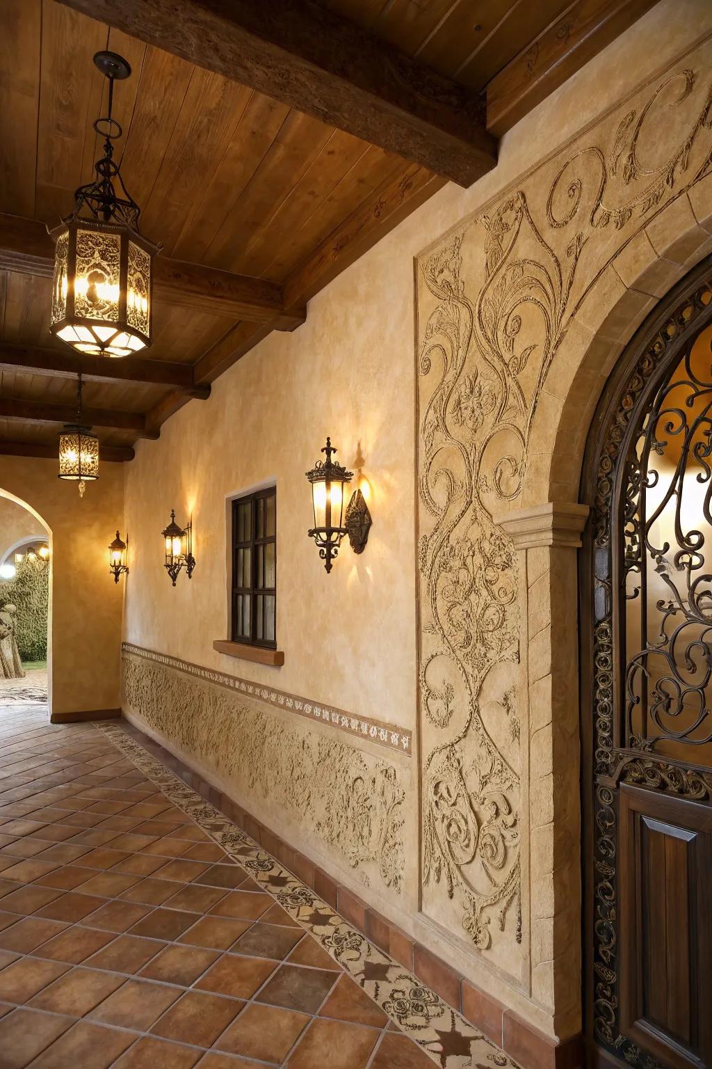 Textured plaster walls add depth and character to the space.