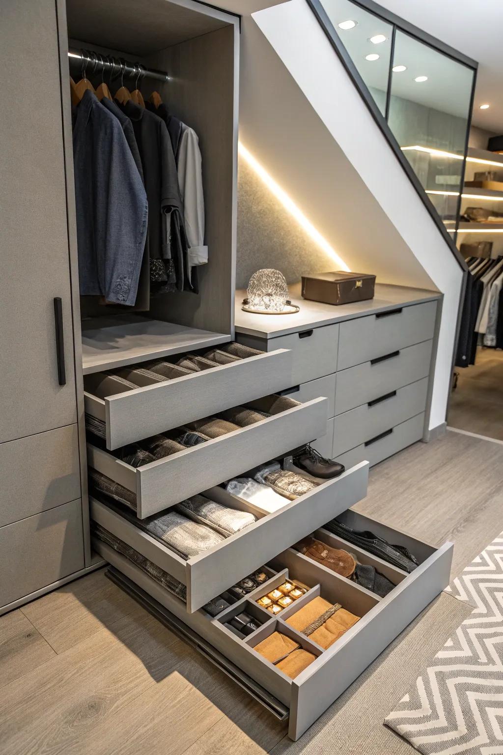 A modular drawer system furnishes structured storage within a compact area.