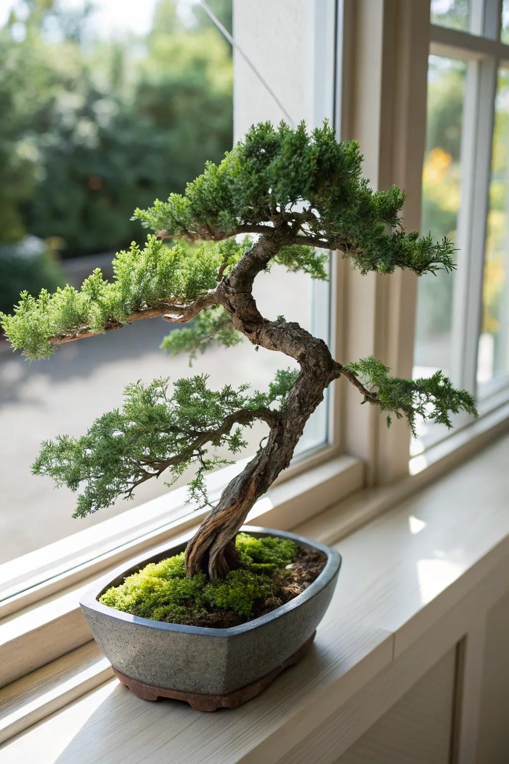 A waterfall juniper bonsai gracefully draping over a container on a sunlit windowsill.