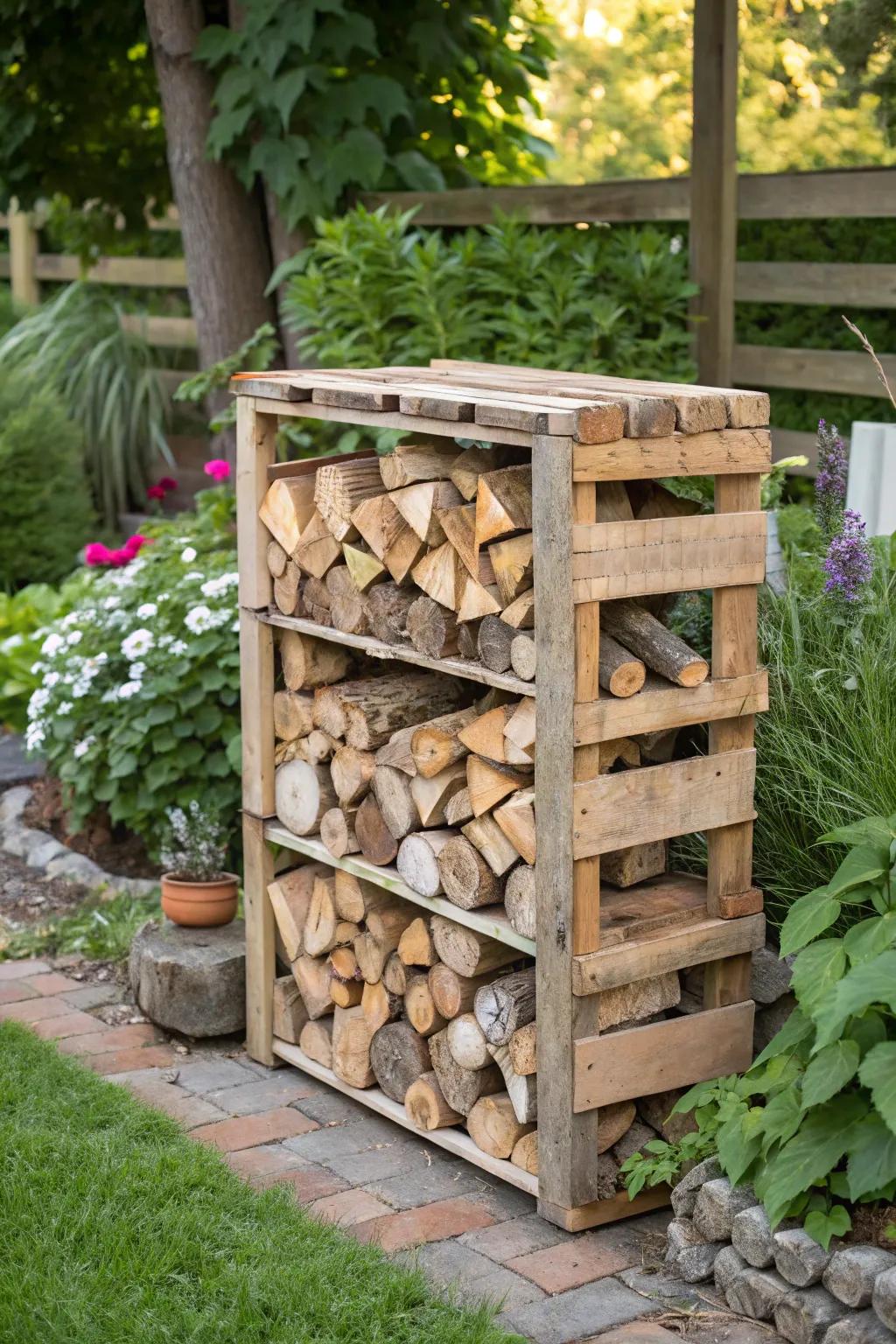 Get creative with a DIY pallet rack for kindling storage.