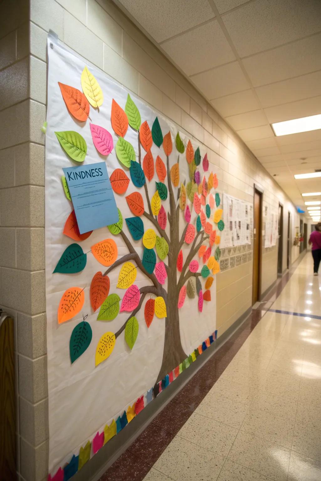 A hallway kindness tree bulletin board with colorful leaves showcasing acts of kindness.