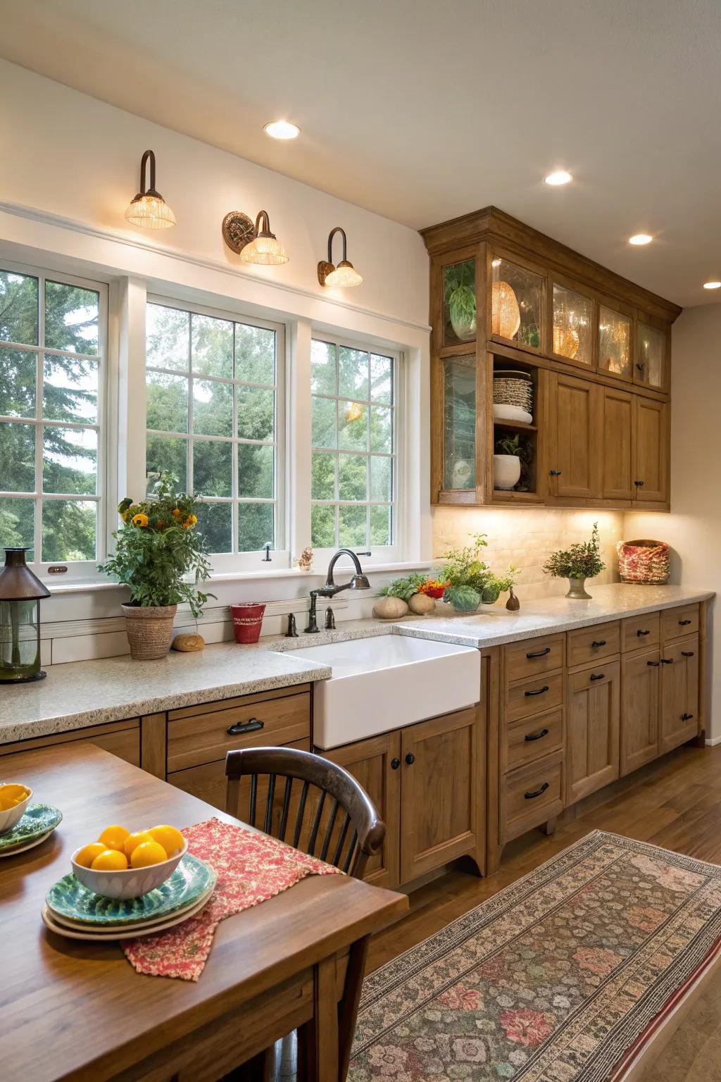 Under-cabinet windows brightening up workspaces, boosting both functionality and atmosphere.