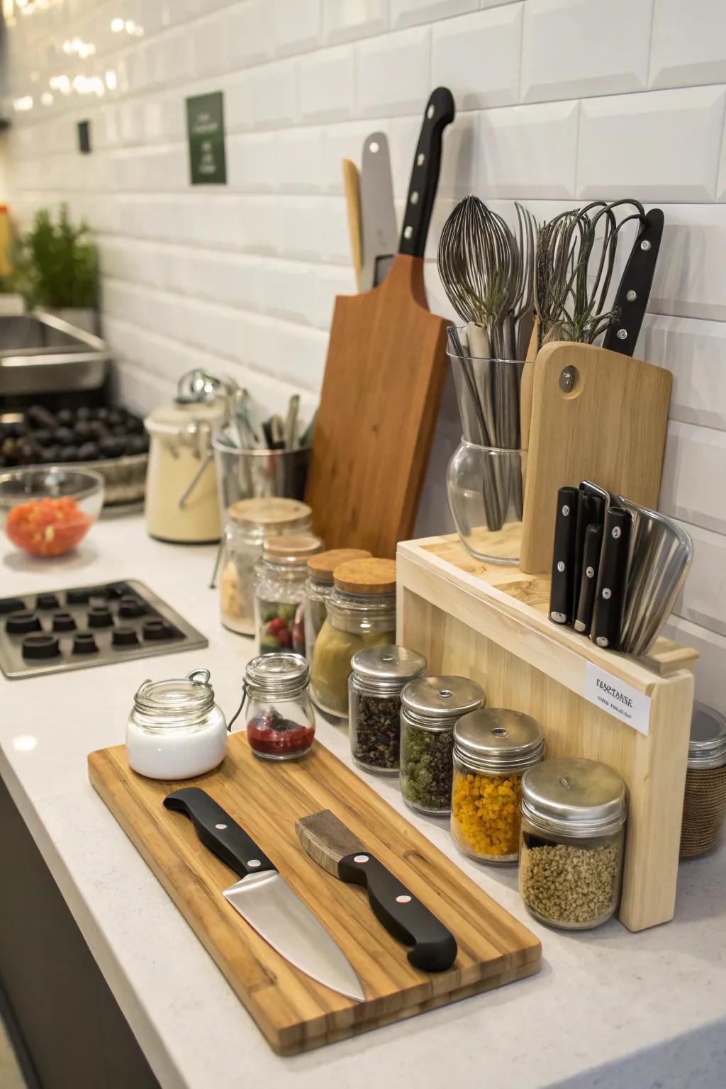 A functional display with cutting boards and kitchen essentials keeps everything within reach.