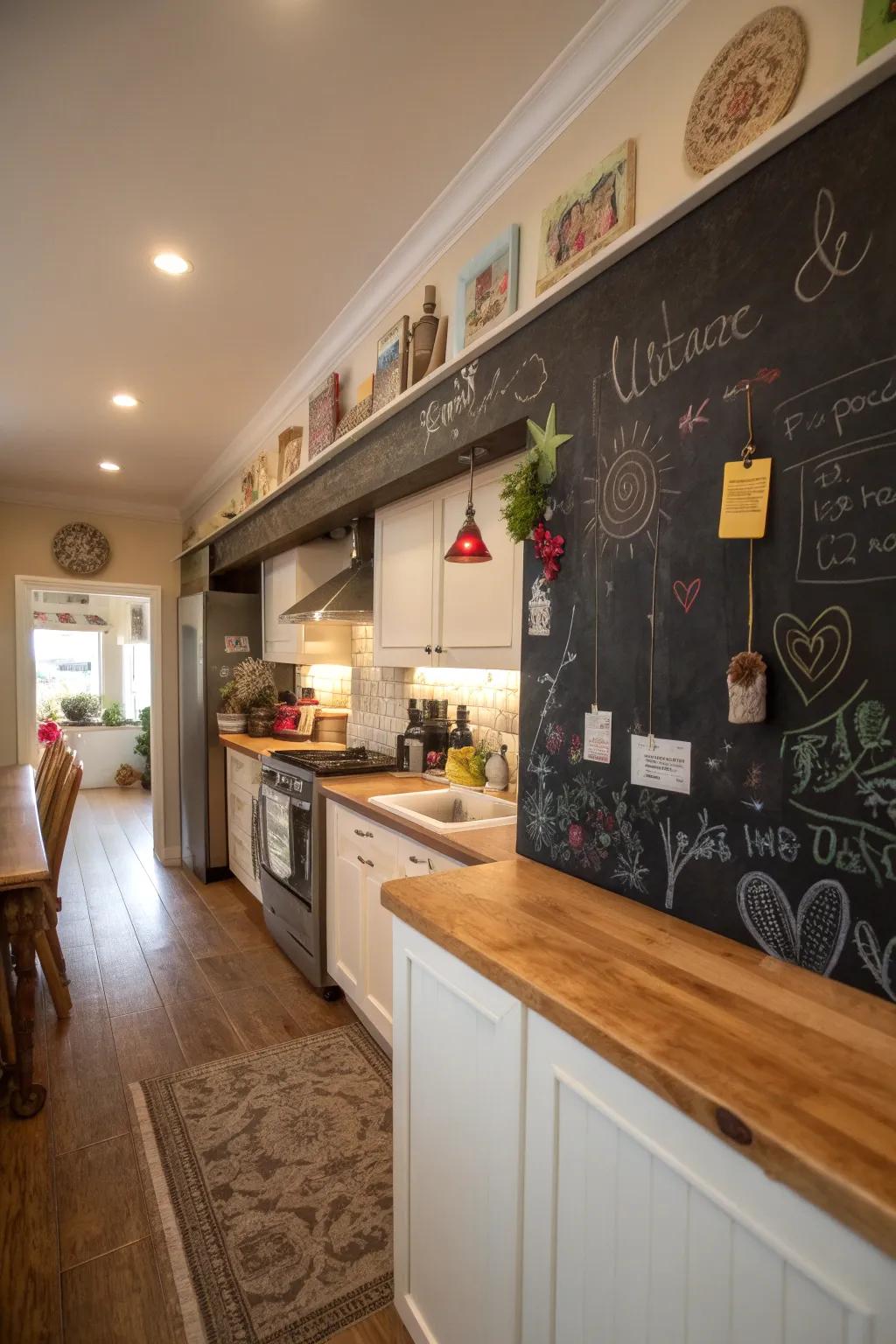 Chalkboard trims bring a lively and engaging aspect to your kitchen.
