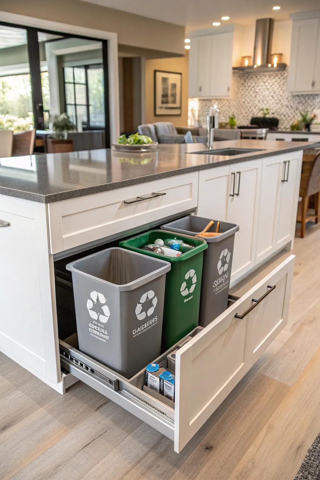 A kitchen island with dedicated space for recycling.