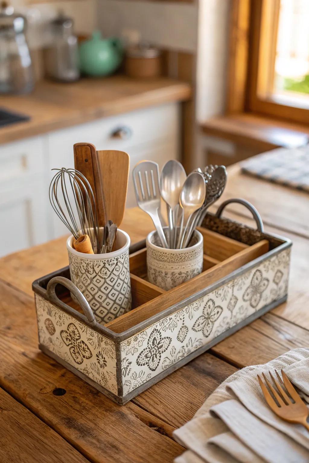 Utensils arranged artfully introduce usefulness and allure to the kitchen environment.
