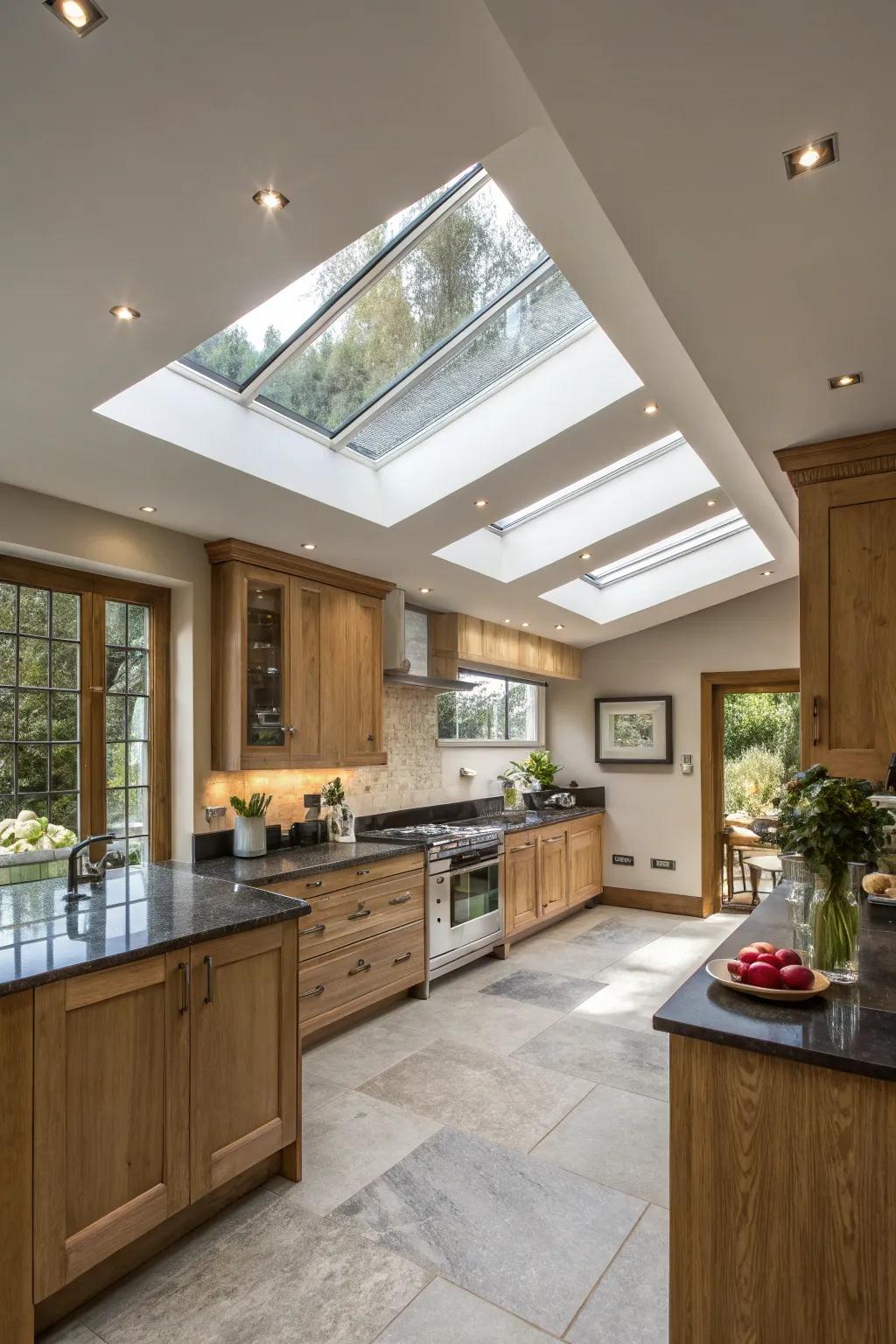 Custom-shaped skylights apply a special artistic element to this kitchen.