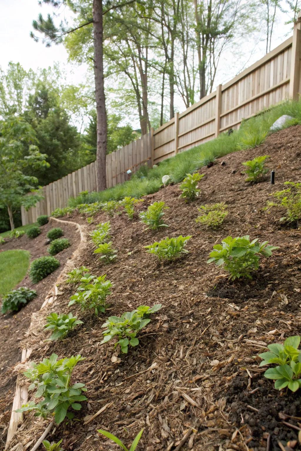 Mulch enriches texture and thwarts degradation on inclines.
