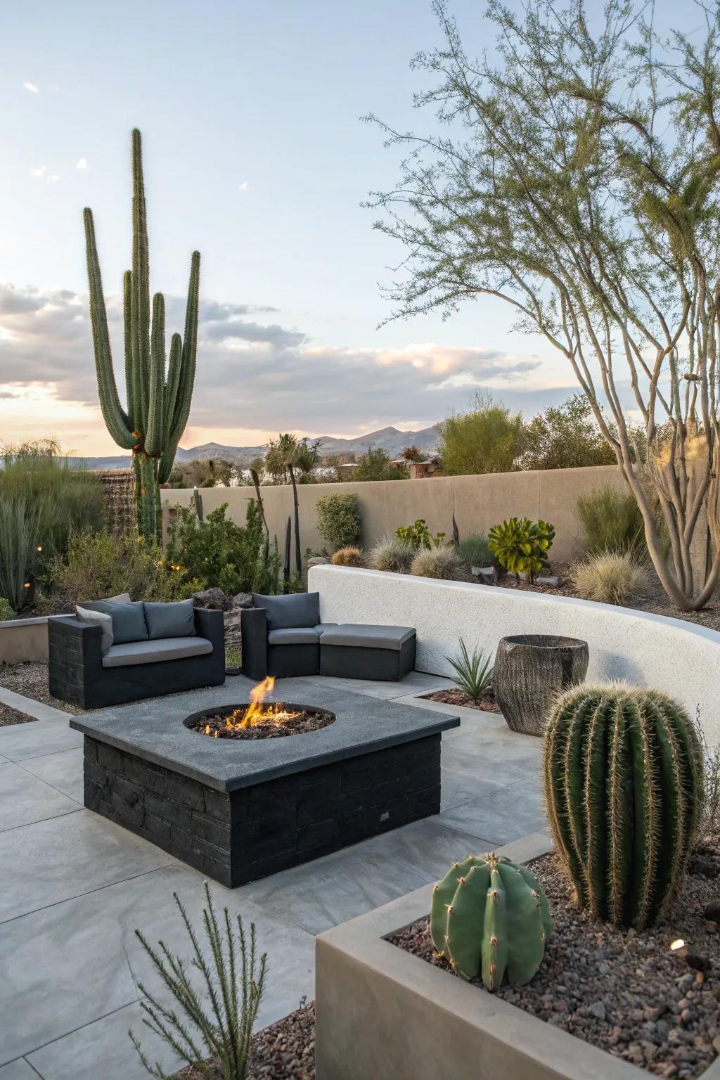 Modern fire pit surrounded by seating in a Las Vegas backyard.