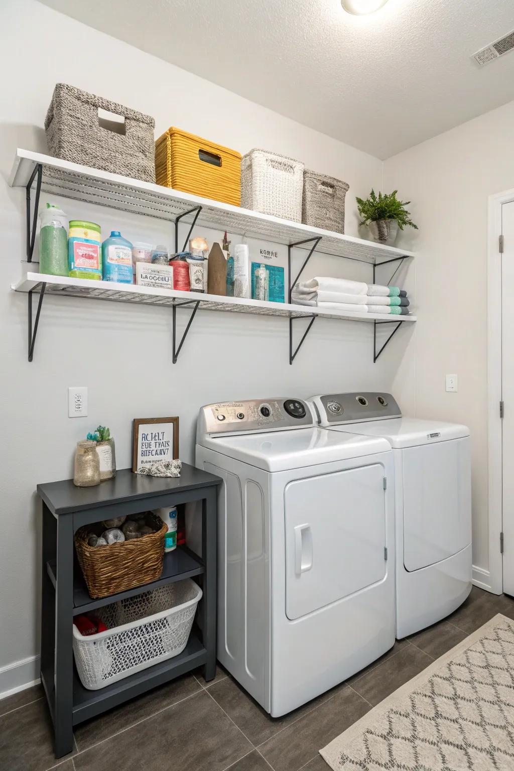 Wall-mounted shelves keep essentials within easy reach.