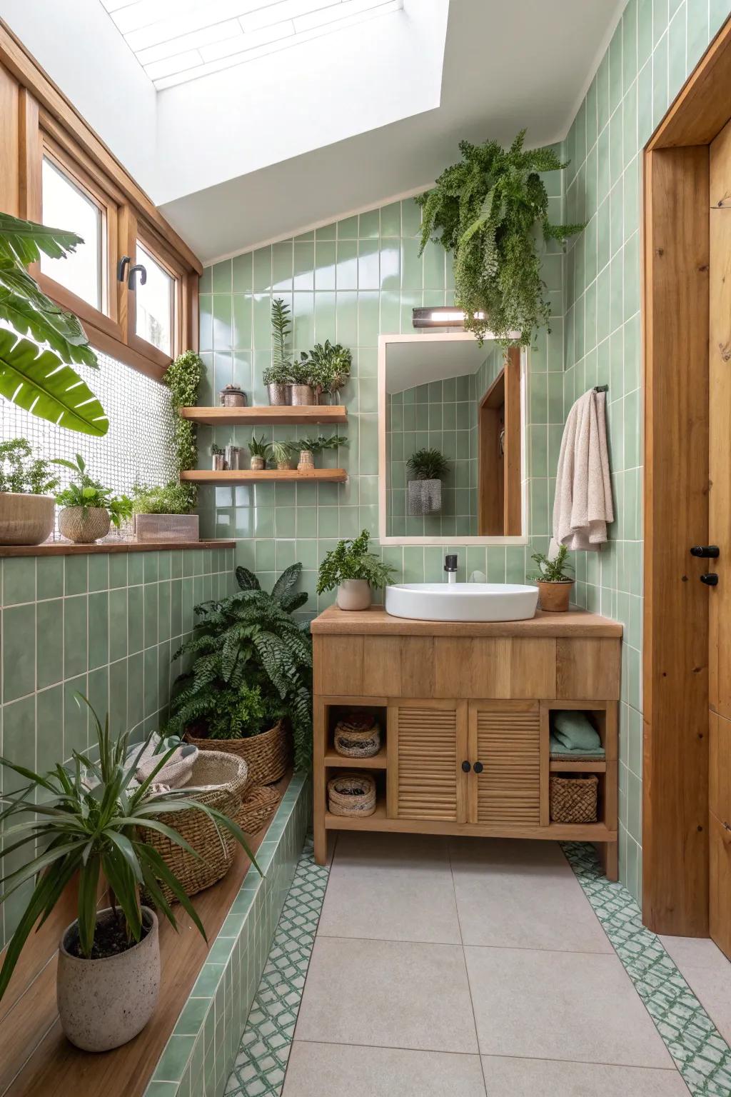 Light green elements bring a natural and refreshing touch to the bathroom.