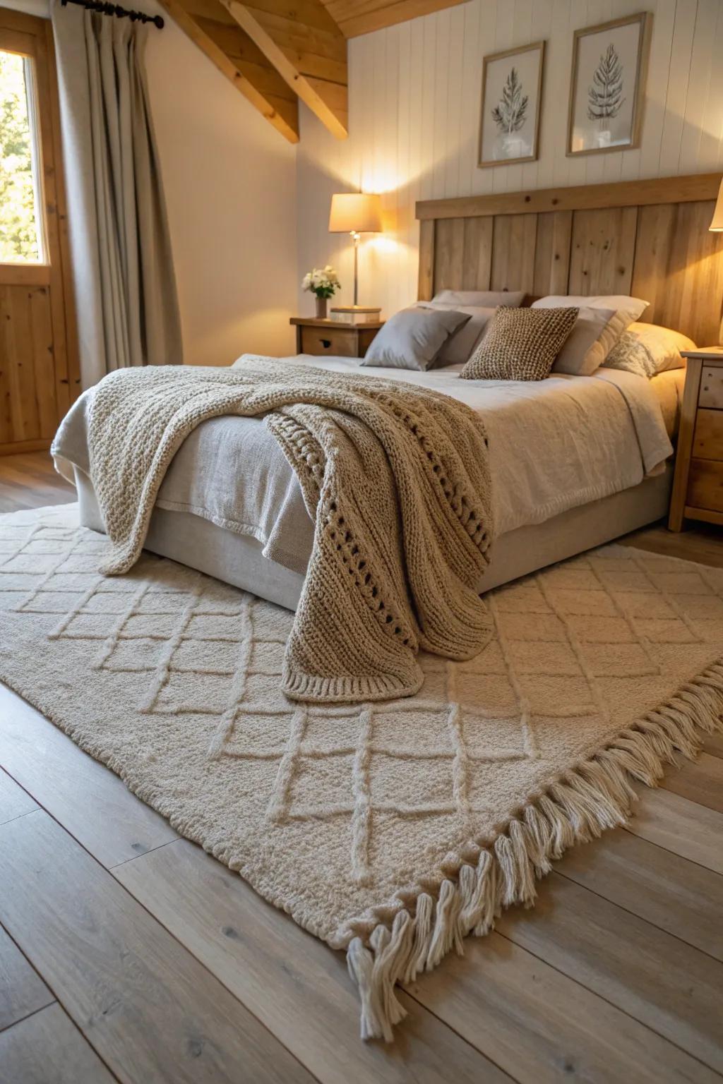 Textural layers amplifying warmth in a pale timber floor bedroom.