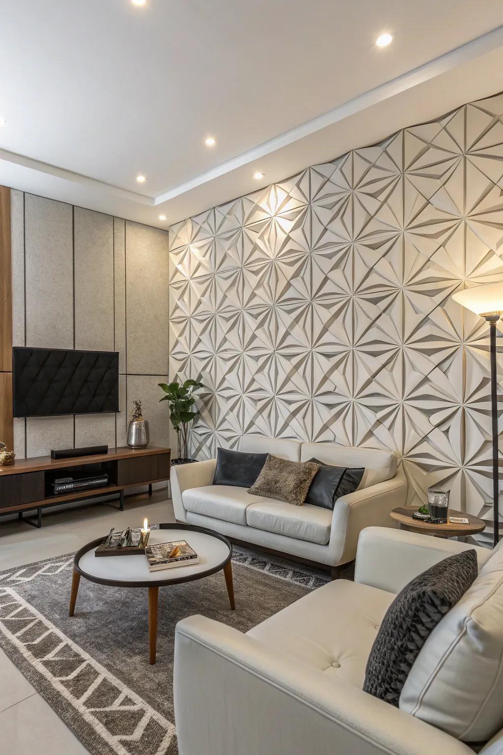 Geometric patterns add a dynamic edge to your living room walls.