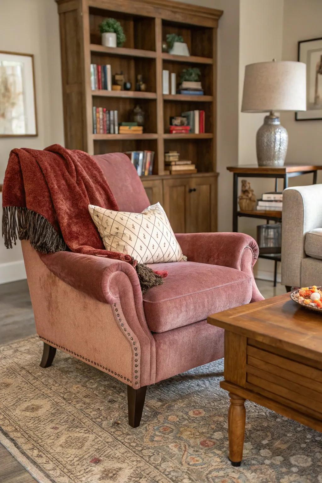 Velvet and leather chairs add texture and depth.