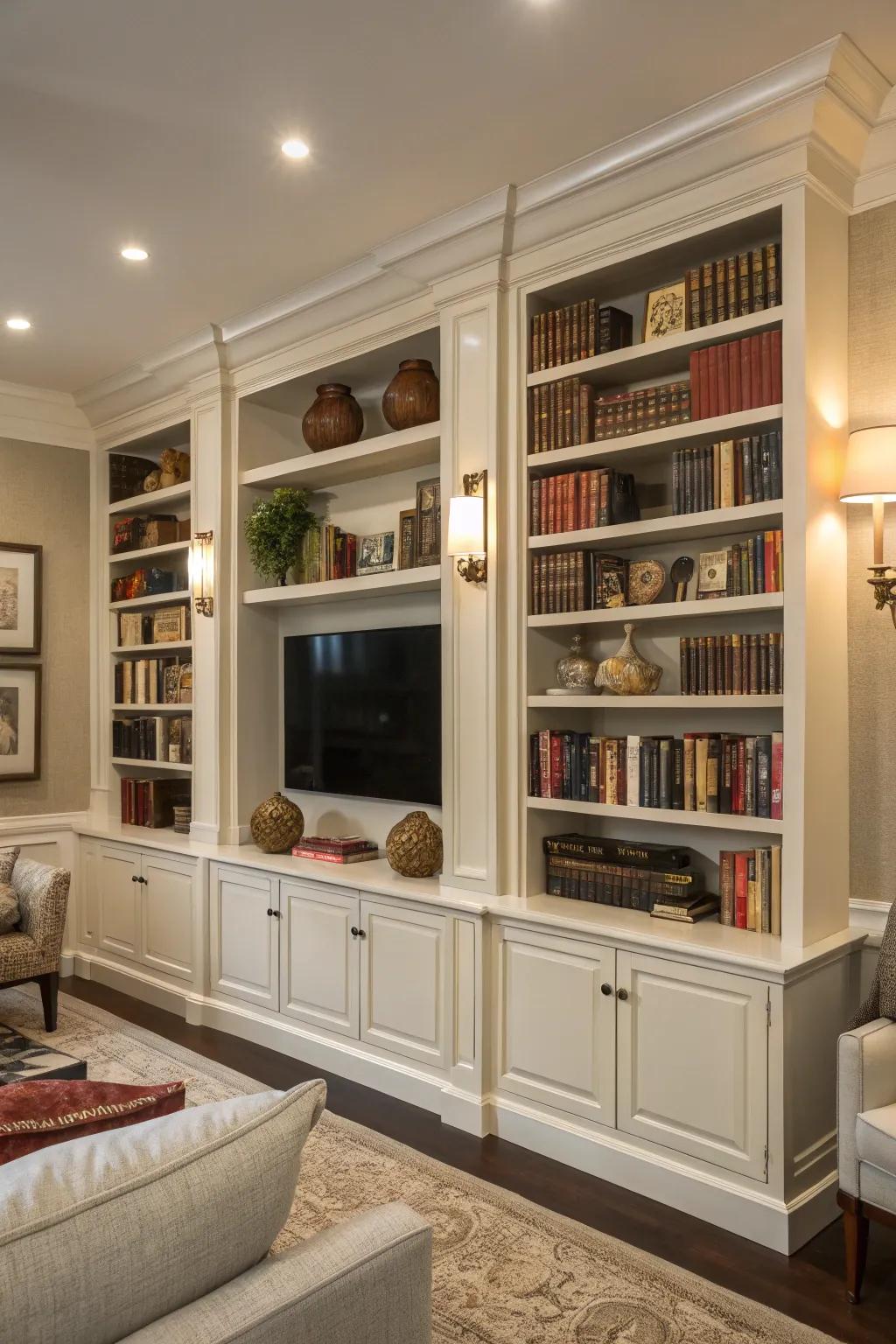 Built-in bookshelves provide a seamless and elegant look.