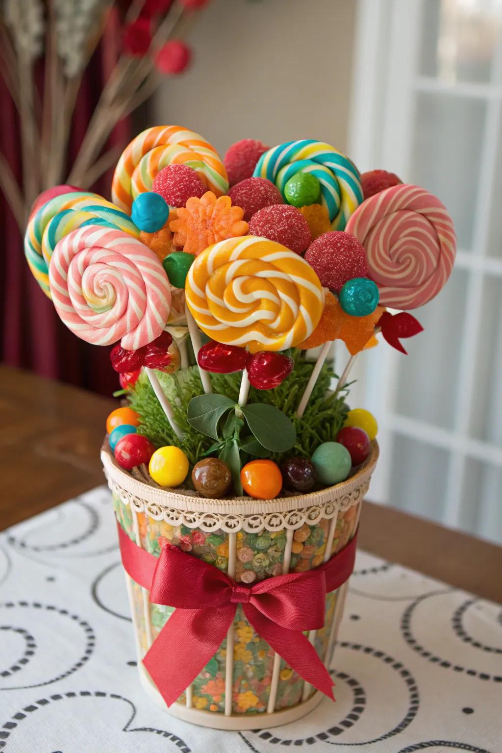 A vibrant candy and sweet treat posy