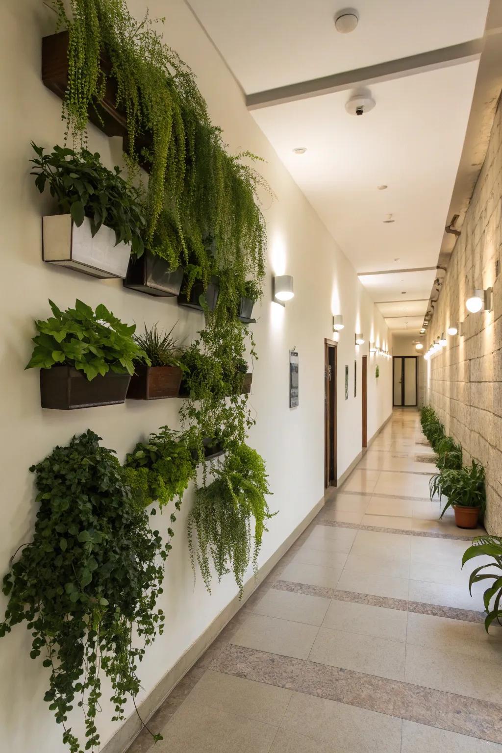 Greenery can add a refreshing and vibrant touch to a hallway.