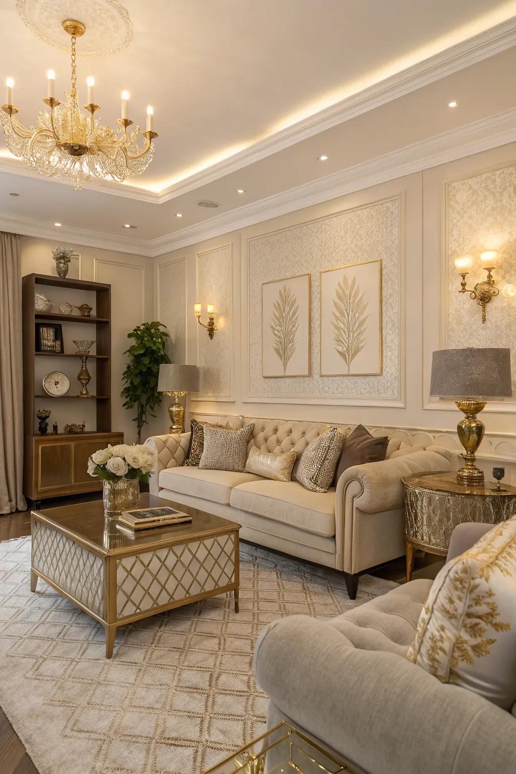 Gold accents add a luxurious touch to this neutral living room.