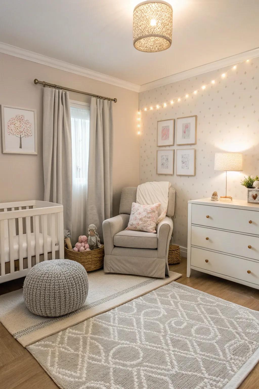 A nursery designed with a calming neutral color palette in cream and gray tones.