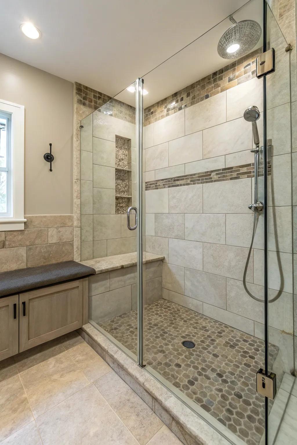 A walk-in shower equipped with a comfortable custom-built bench.