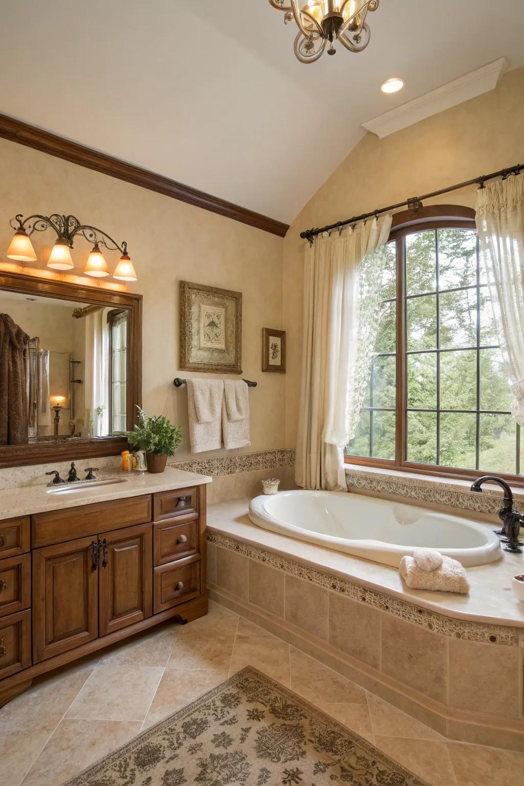 A relaxing, neutral color scheme defines this primary bathroom.