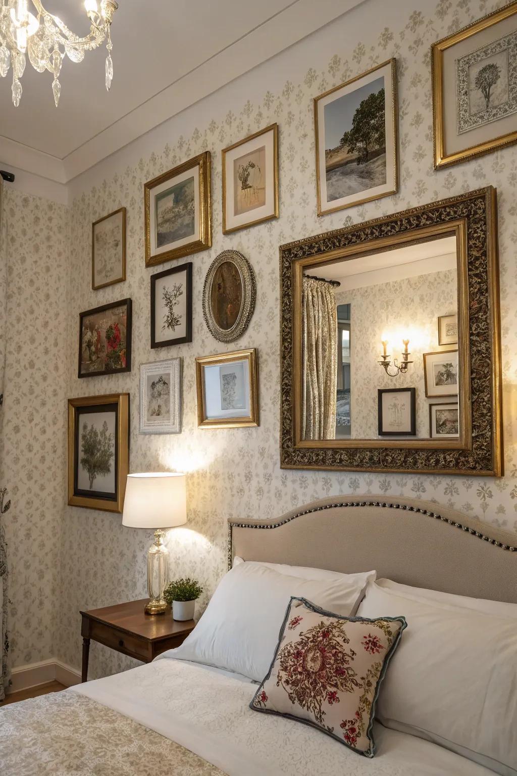 A bedroom wall adorned with framed art and mirrors.