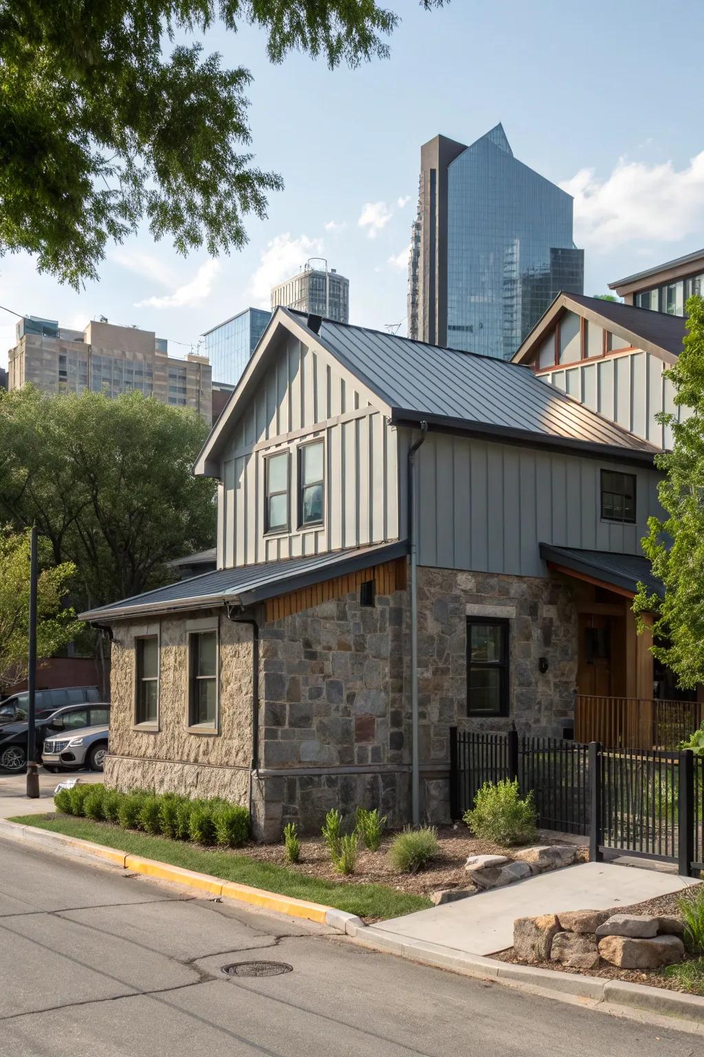 An urban house that skillfully merges metal cladding with stone aspects for added texture.