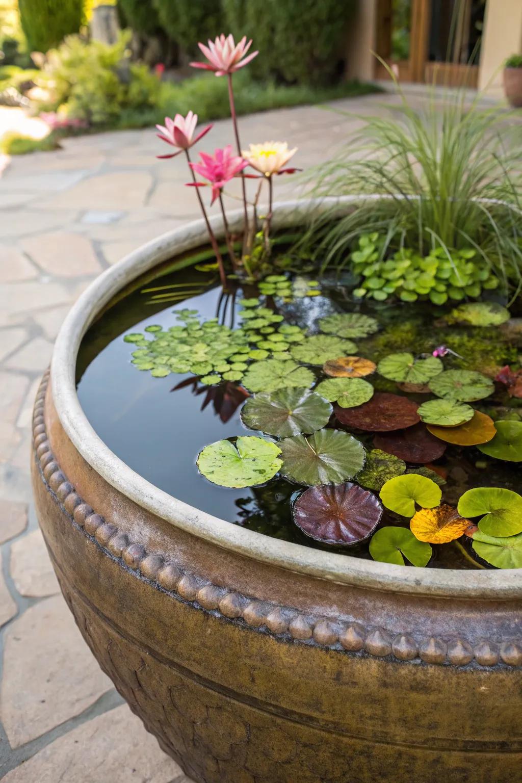 A ceramic pot transformed into a delightful mini pond.