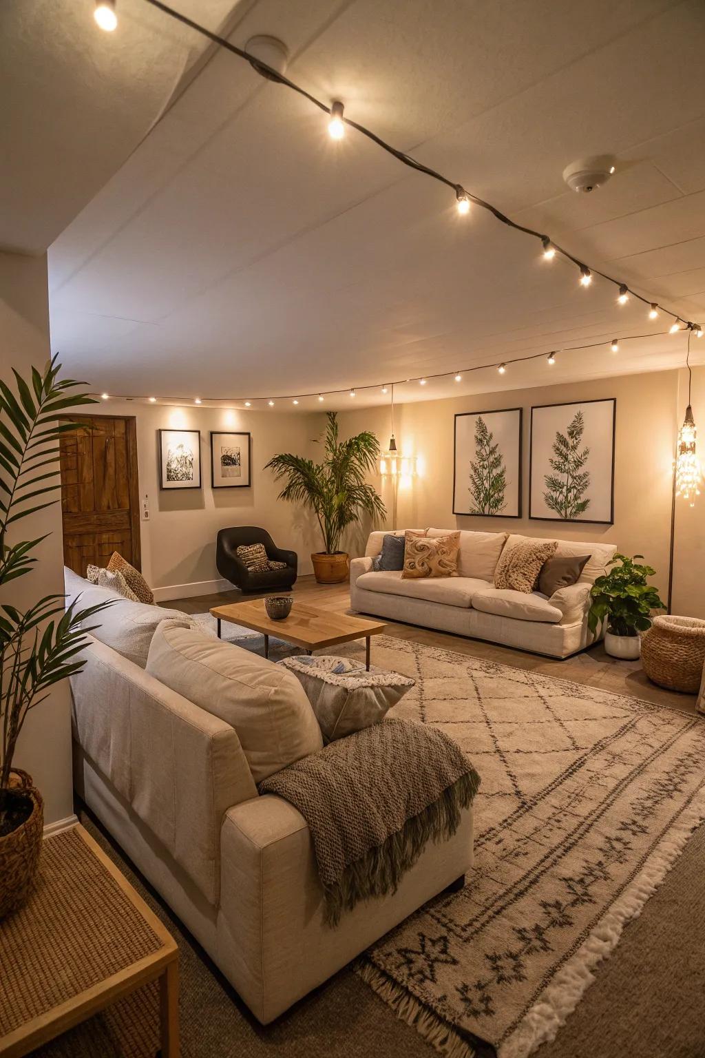 Backdrop illumination bathes the lounging space in warmth and comfort.