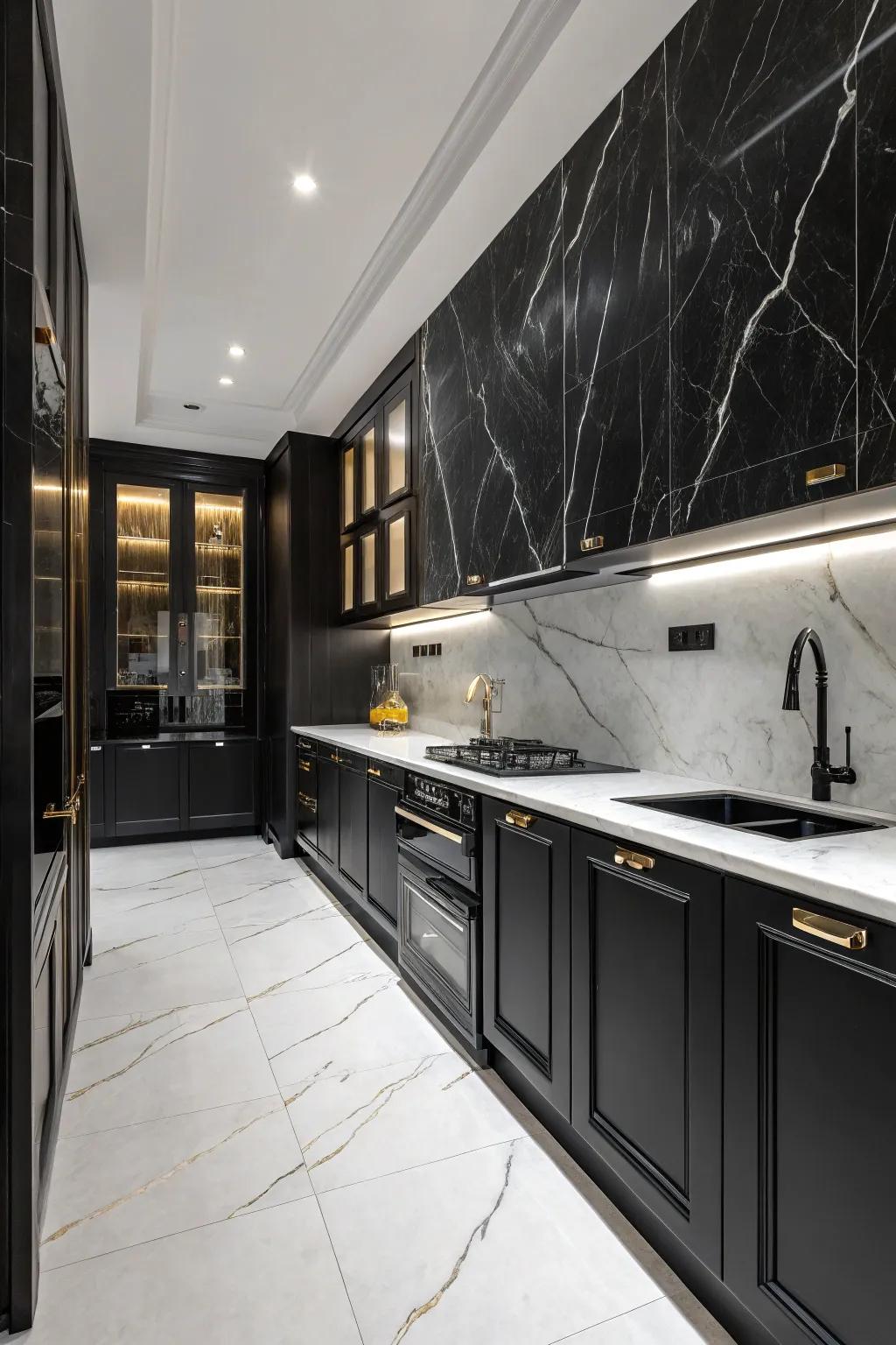 Lavish ebony mineral stone introduces sophistication to this kitchen.
