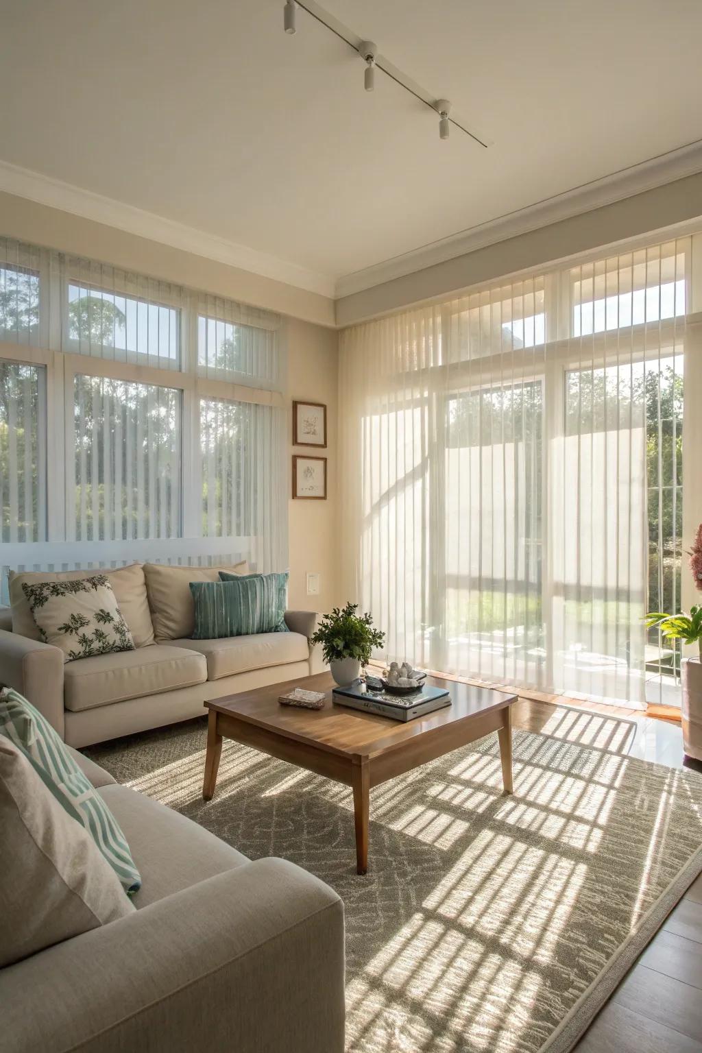 Sheer blinds create a soft, light-filled ambiance.