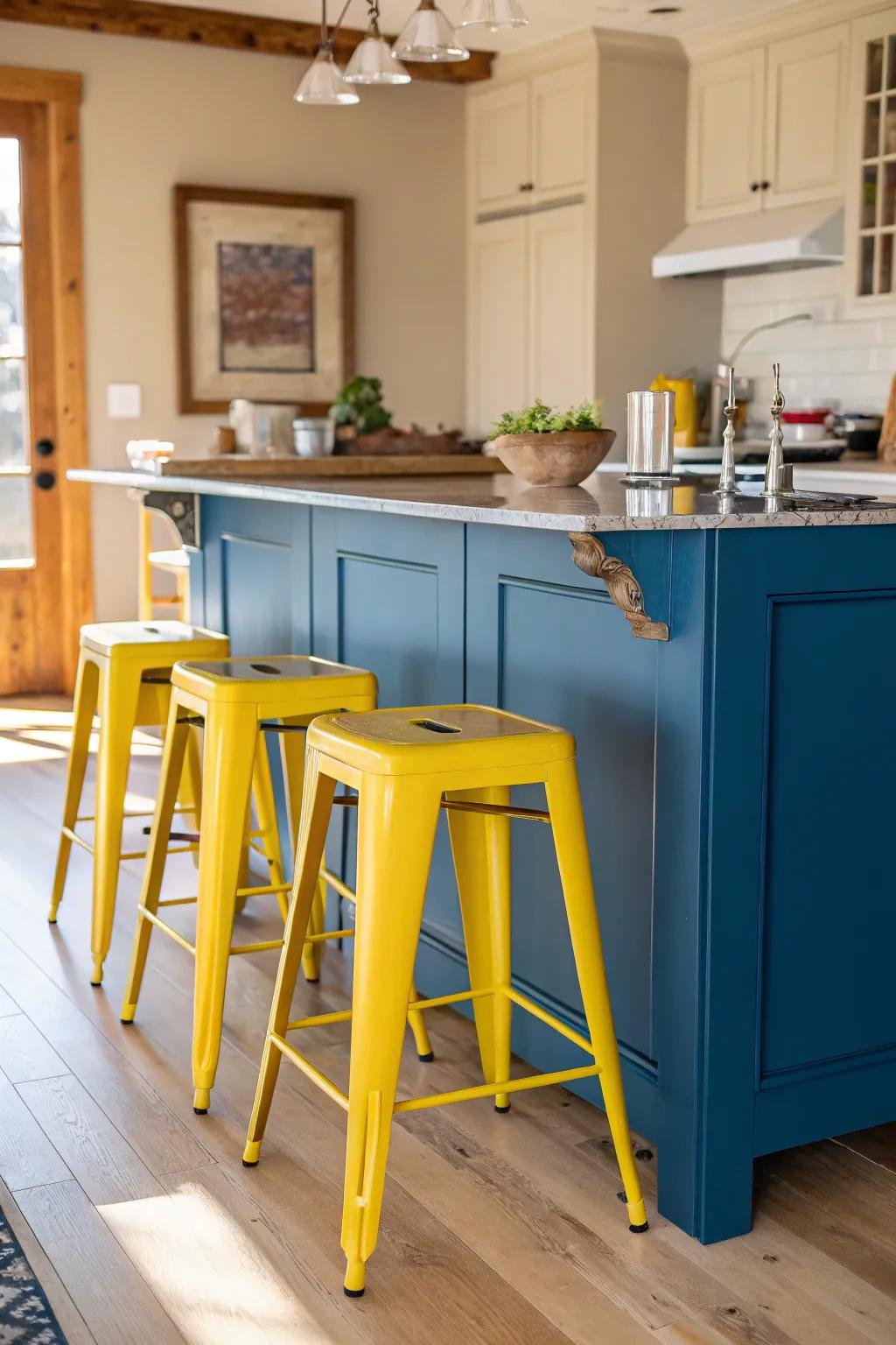 Yellow seats perfectly complement the blue island in this whimsical kitchen.