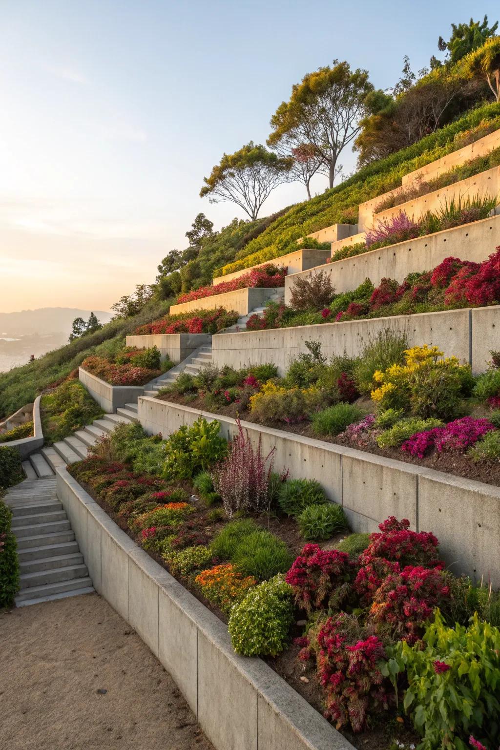 Tiered garden with rockfaces, maximizing planting area.