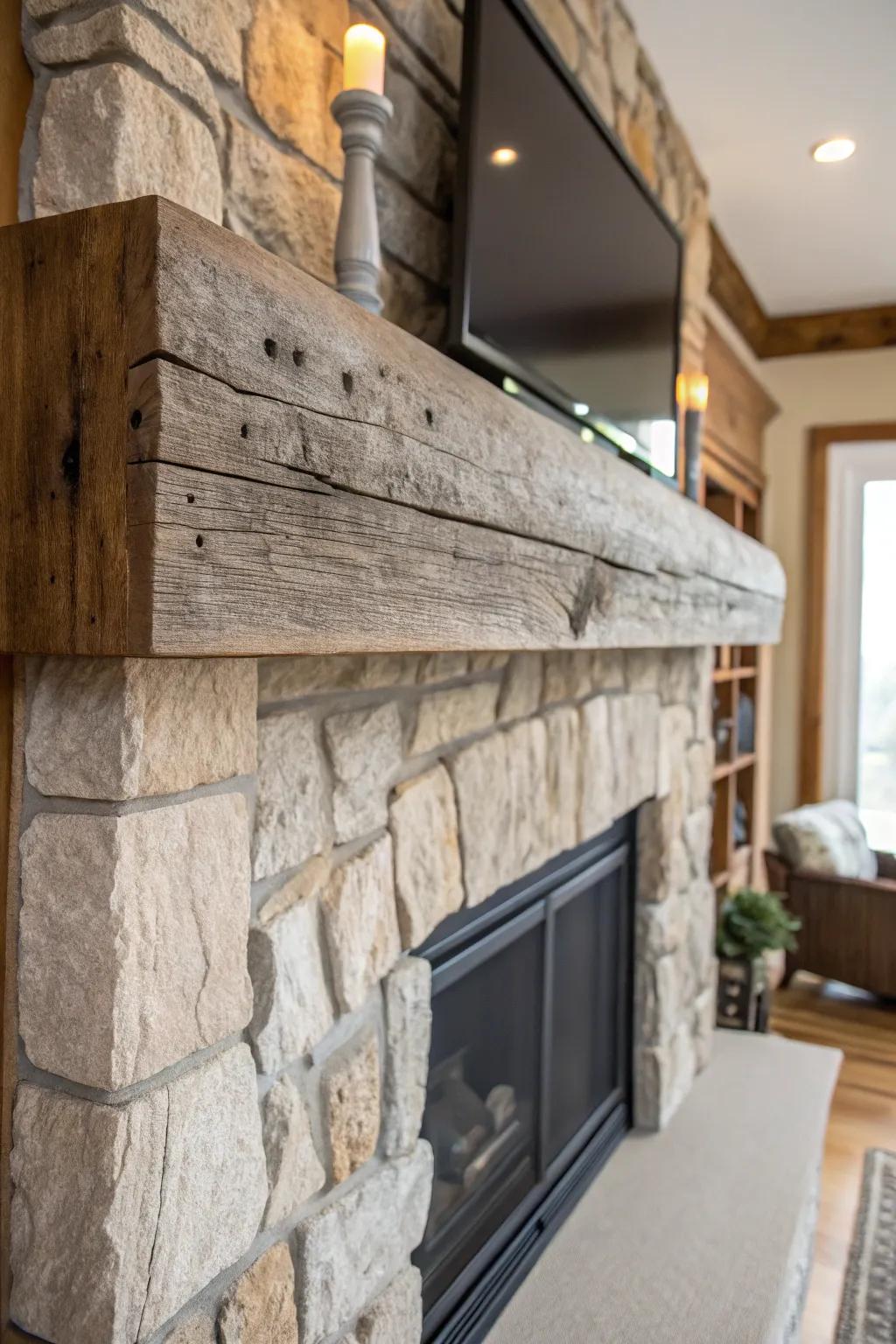 A reclaimed wood mantel adds a touch of history and warmth.