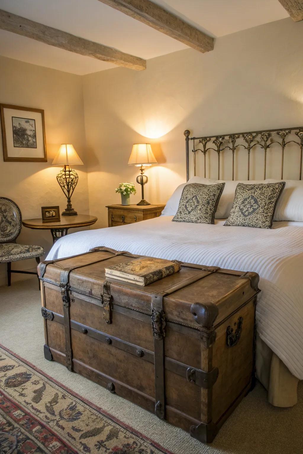 Antique and vintage accents lend charm to this guest bedroom setting.