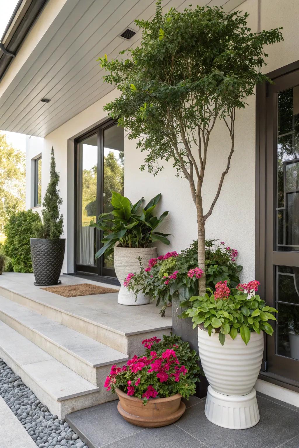 Abundant vegetation introduces a refreshing touch to a contemporary porch.