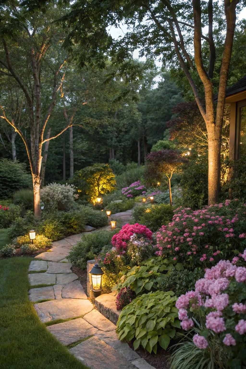 Integrated lighting creates a magical and inviting garden ambiance.