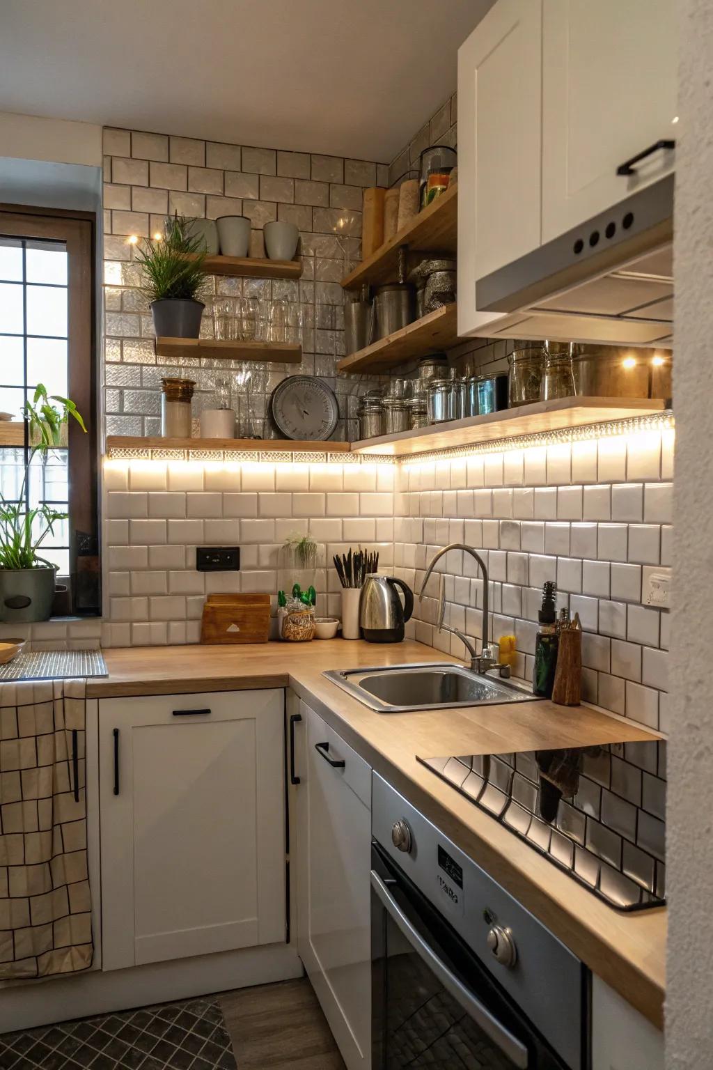 A reflective backsplash adds depth and light to a small kitchen.