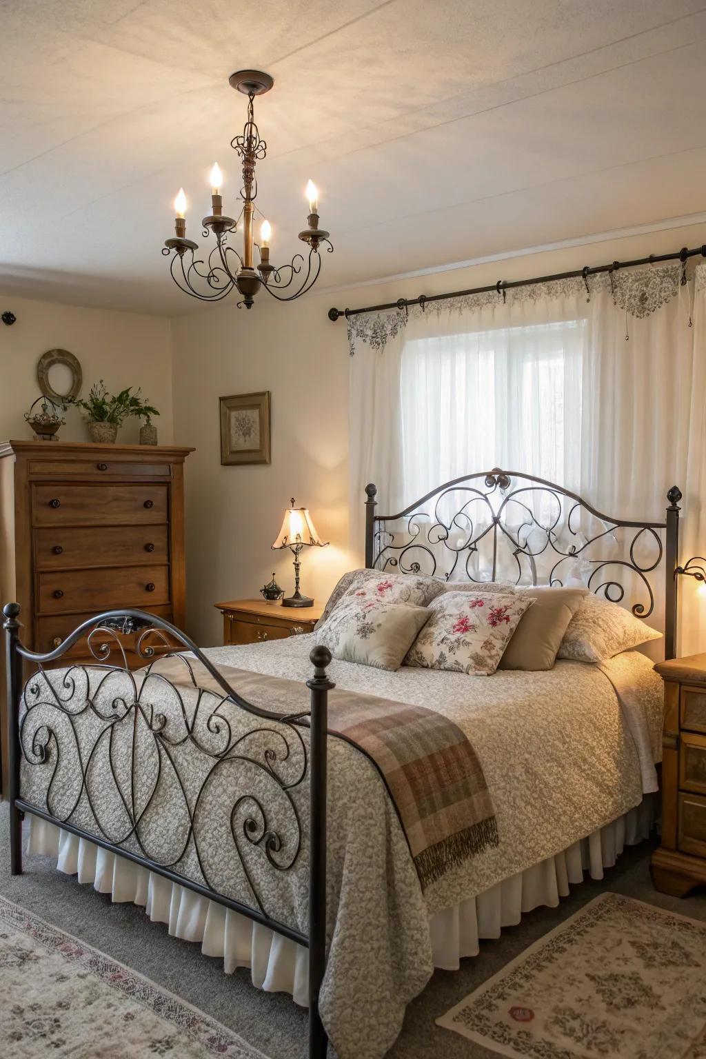 Wrought iron details introduce a romantic element to a modern Spanish bedroom.