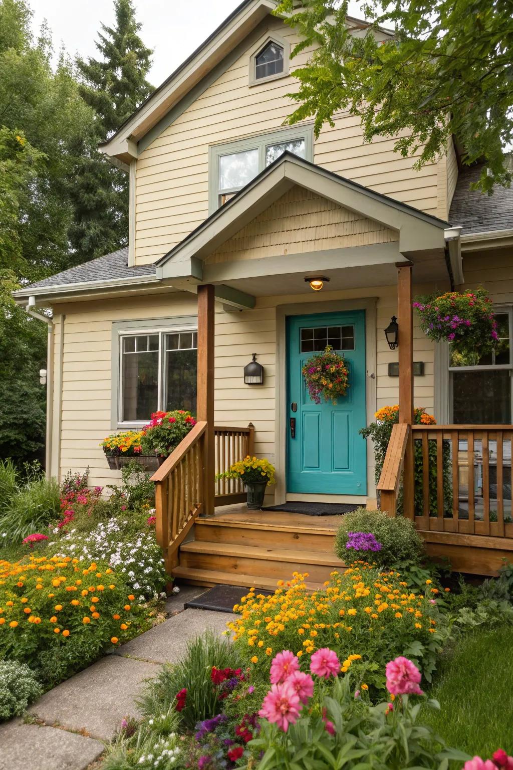 A teal front door infuses a refreshing vibe into a beige exterior.