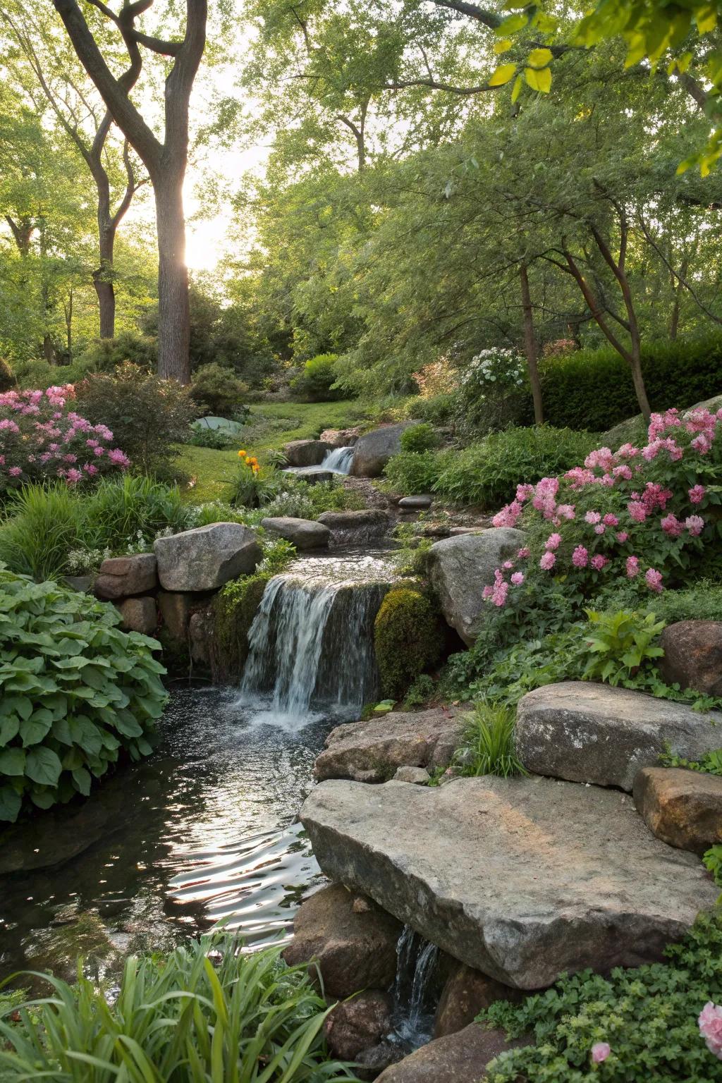 A placid cascade flowing over natural stones, bestowing tranquility upon the garden.