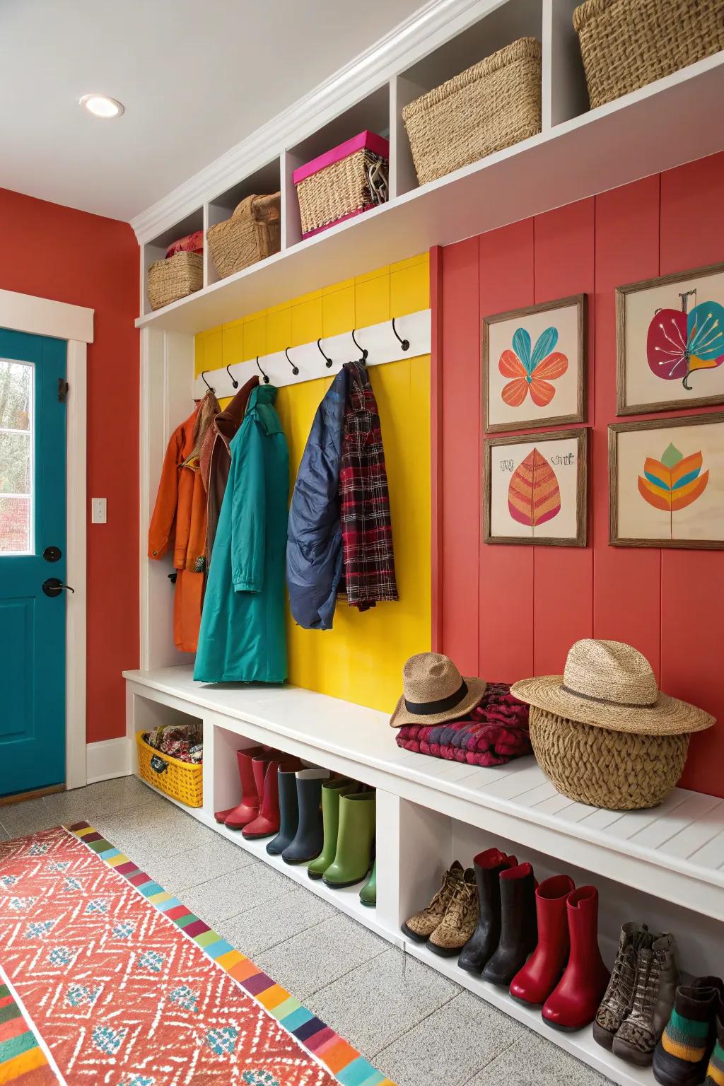 Mudroom featuring boldly colored walls that give personality and energy to the space.