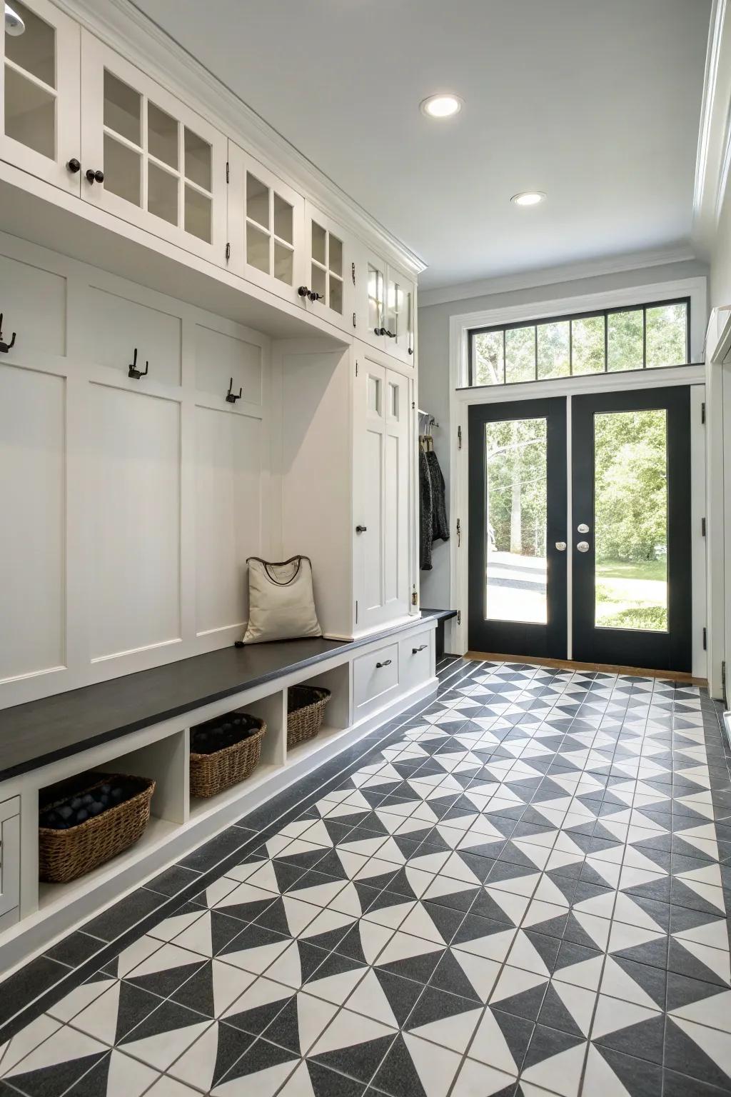 Striking monochrome tiles in a contemporary mudroom