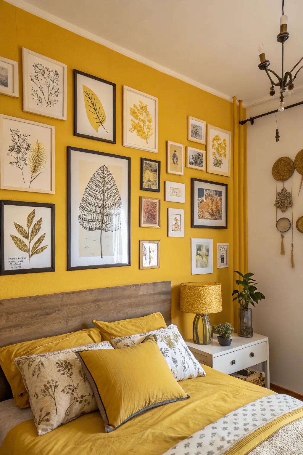 A bedroom wall adorned with mustard yellow-themed art pieces.